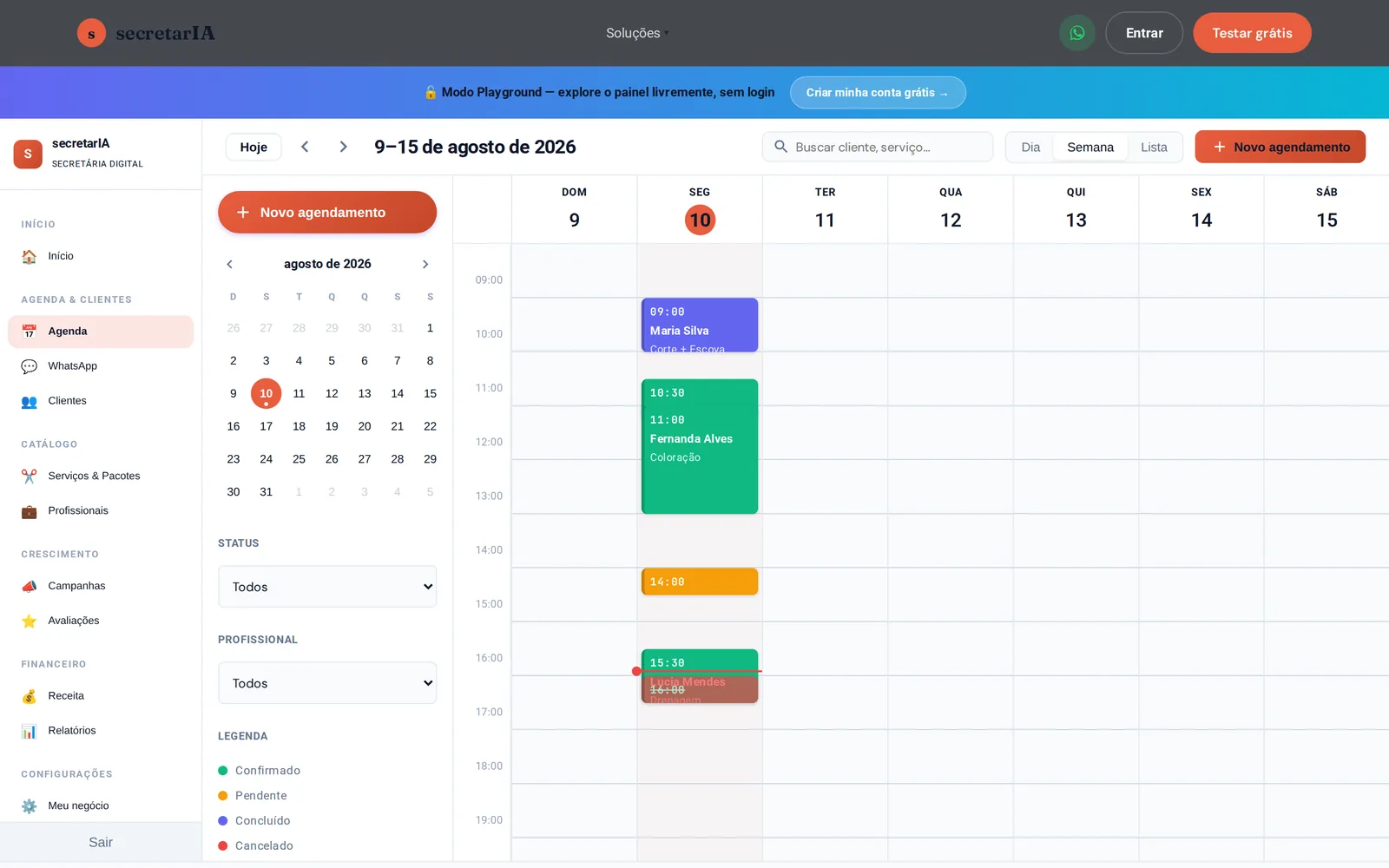 Painel da secretarIA: agenda semanal com agendamentos reais por profissional, filtros de status (confirmado, pendente, concluído, cancelado) e busca de cliente.