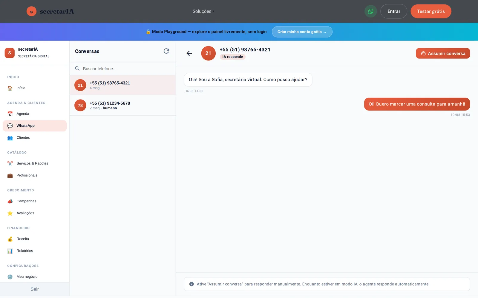Painel da secretarIA: a IA 'Sofia' atende um cliente no WhatsApp, respondendo automaticamente a um pedido de agendamento, com opção de o dono assumir a conversa.